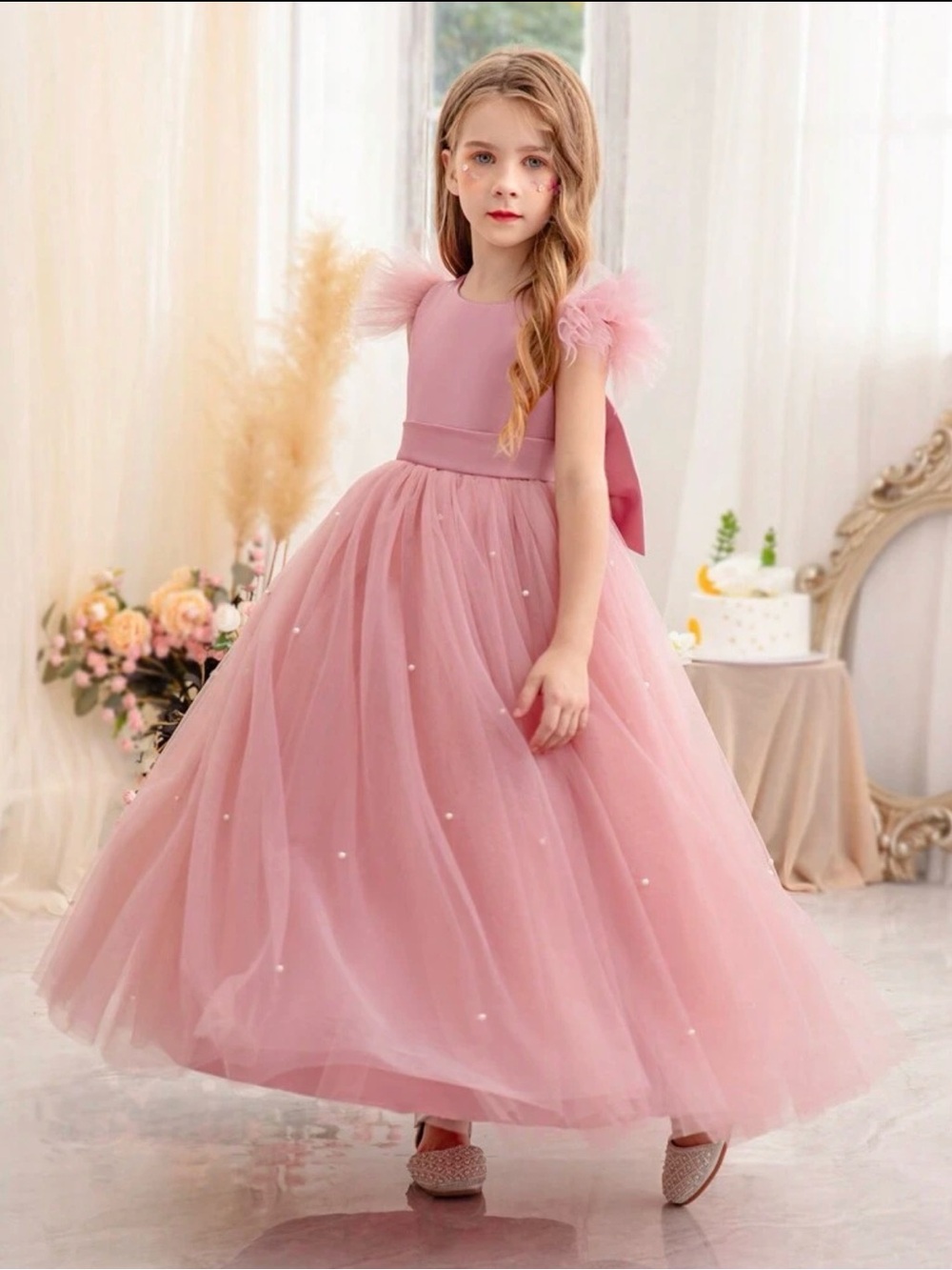 Pink Tulle Party Dress for Girls - Elegant Bow & Pearl Accent